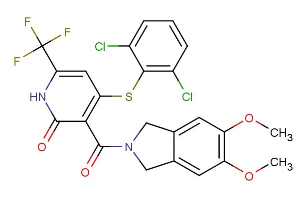 4-((2,6-dichlorophenyl)thio)-3-(5,6-dimethoxyisoindoline-2-carbonyl)-6-(trifluoromethyl)pyridin-2(1H)-one